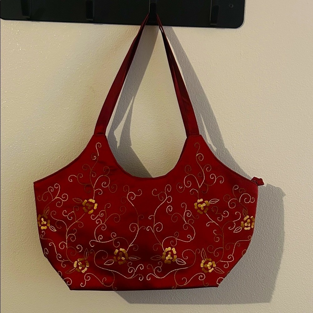 Vintage Made in Italy Taffeta Wine Red Embroidered Gold Swirl Floral Satchel